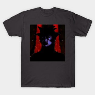 Beautiful girl in strange dark suit, with face mask. Red castle or rock on background. Red, blue. Dark, dim. T-Shirt